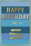 This birthday card presents a calm yet distinctly festive scene, the kind of quietly elegant design you might find on a sideboard in a North Kensington townhouse. The background is made up of wide, horizontal stripes that shift smoothly through several shades of blue. Rich, deep navy and ocean hues anchor the lower portion, while mid-blue, teal, and light sky tones build upwards, giving the impression of layered horizons fading into the distance, much like an evening sky beyond the trees of nearby communal gardens. At the center, the phrase HAPPY BIRTHDAY is rendered in bold, embossed gold lettering. The typeface is traditional and substantial, and the metallic surface catches any available light, creating subtle reflections and shadows that bring the words forward from the calm blue field. Immediately below, a single ornate gold flourish sweeps across, its curves lending a touch of classical, almost calligraphic flair. Under this flourish sit three narrow, horizontal gold banners, each slightly raised and finely edged, neatly aligned one beneath the other. Within them, a warm message is spelled out in simple text: Relax, have a great day and enjoy! This layered arrangement visually guides the eye down the card, from the grand greeting to the gentle invitation to unwind. A slender gold border traces the outer edge, encasing the blues and golds in a clean, polished frame. The contrast between the matte blues and the glossy, embossed gold creates both visual and tactile interest. Paired with a thoughtfully arranged bouquet delivered by Flower Delivery North Kensington, this card would feel like a sincere, soothing birthday wish shared in a quiet moment away from the bustle of nearby Portobello Market.